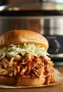 BBQ slow cooker chicken sandwiches served on buns, perfect for parties and gatherings