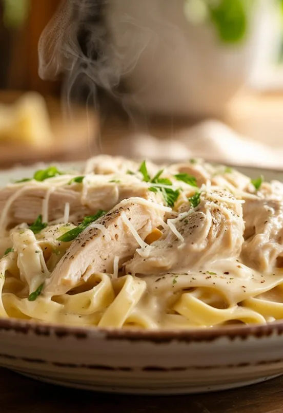 Creamy slow cooker chicken alfredo served with pasta, made with tender chicken in a rich Alfredo sauce.