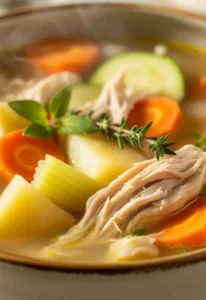Healthy slow cooker chicken and vegetable soup with shredded chicken, carrots, celery, potatoes, zucchini, and fresh herbs in a rustic bowl.