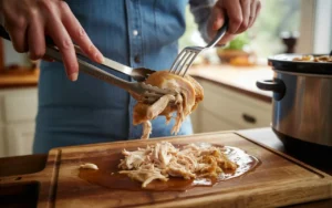 Once the chicken is cooked, remove it to a cutting board