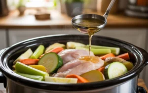 Low-sodium chicken broth being poured over chicken and vegetables in a cooking pot.