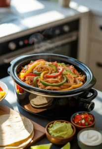 Slow cooker chicken fajitas with tender chicken, bell peppers, and onions cooked in a rich, flavorful sauce