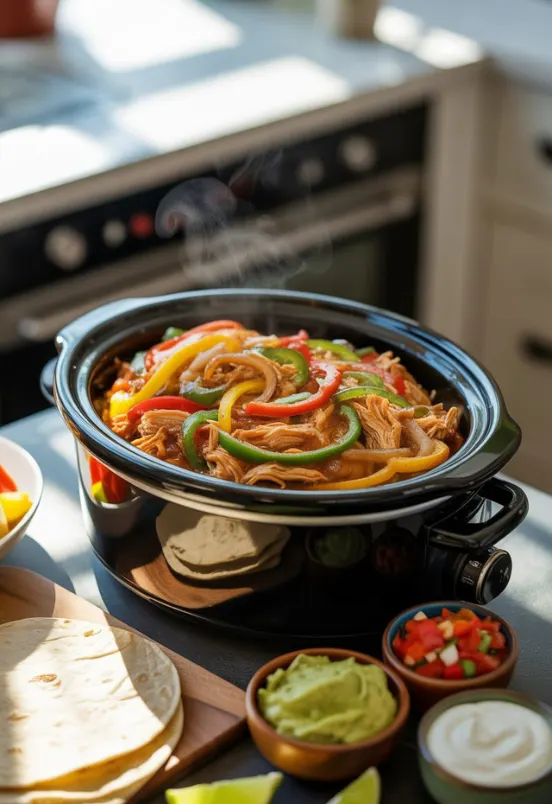 Slow cooker chicken fajitas with tender chicken, bell peppers, and onions cooked in a rich, flavorful sauce
