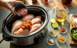 Slow cooker chicken tacos with salsa and spices ready to cook