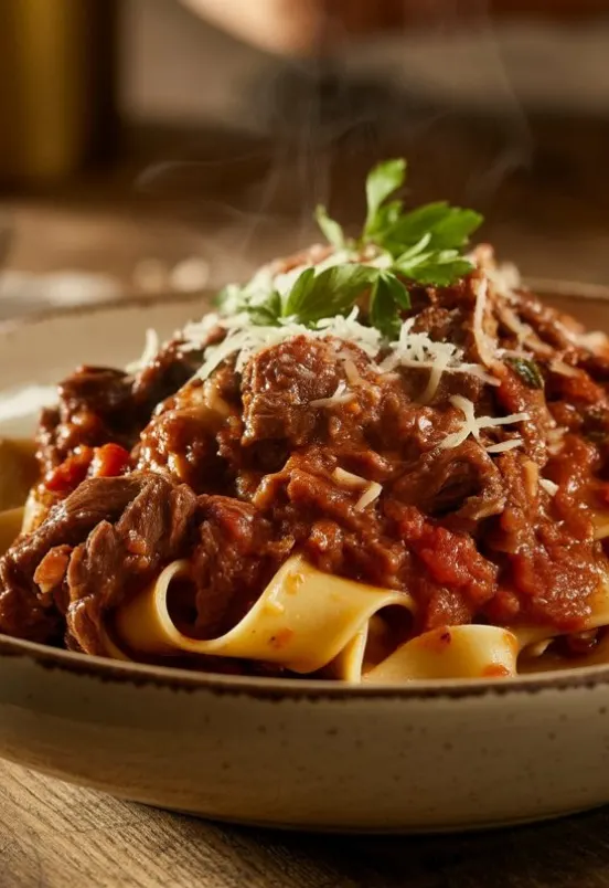Slow cooker beef ragu served over pasta, a hearty and comforting Italian-style sauce