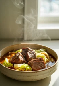 Slow cooker beef and cabbage dish served warm with tender beef and soft cabbage