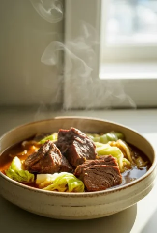 Slow cooker beef and cabbage dish served warm with tender beef and soft cabbage