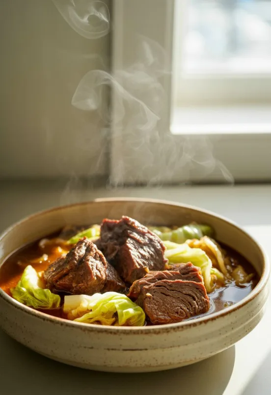 Slow cooker beef and cabbage dish served warm with tender beef and soft cabbage