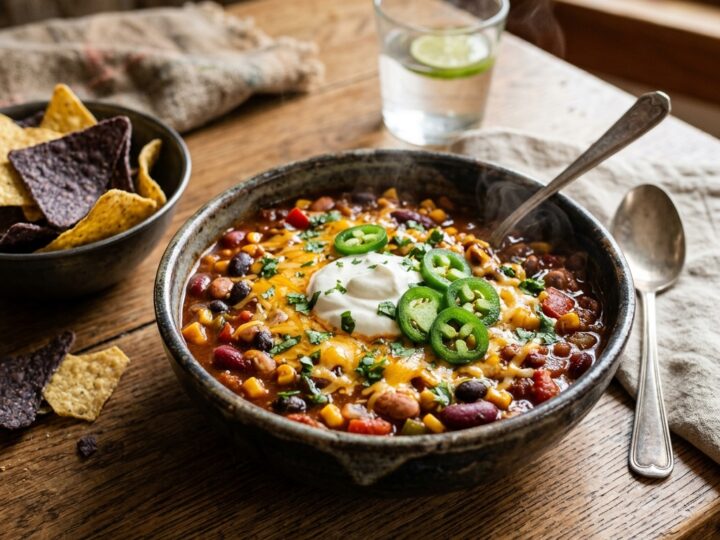 Slow Cooker Vegetarian Chili with cheese and sour cream