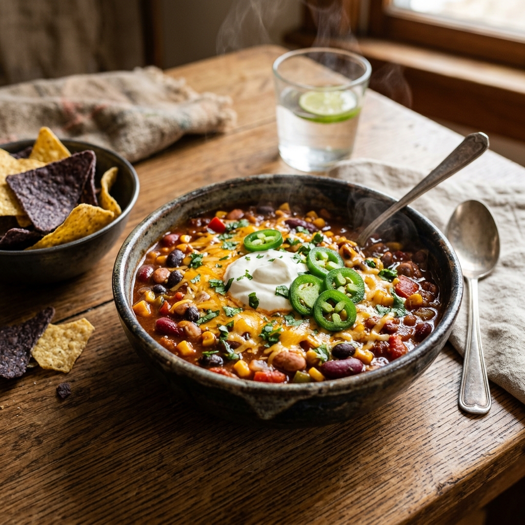 Slow Cooker Vegetarian Chili with cheese and sour cream